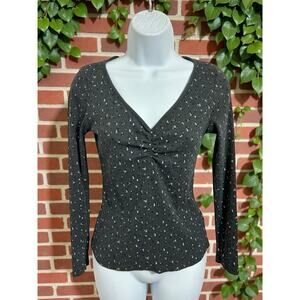 Old Navy Retro Y2K Black Floral Top Sz M Long-Sleeve V-Neck Ribbed Blouse Top